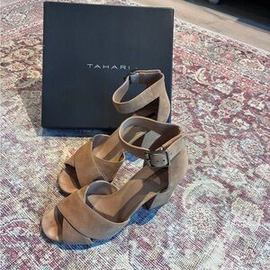 Tahari Taupe Suede Block Heel Sandals